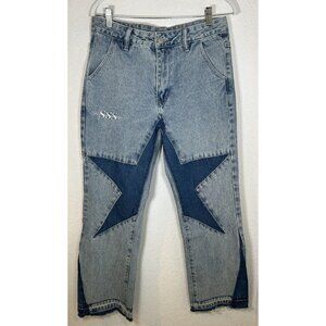 Supermade Jeans Mens L Baggy Skater Star Patch Two-Tone Raw Hem Cropped 32x27